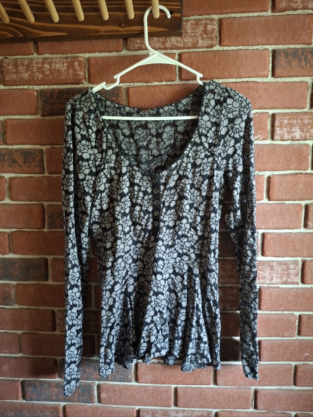 Free People Black and Gray Floral Long Sleeve